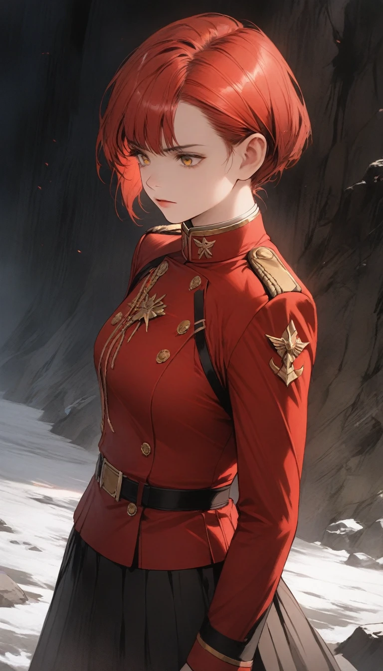 (Highest Resolution, clear_image) wonderful, masterpiece, Attention to detail, Semi-realistic, Dishonor 2, Very beautiful woman, alone, Normal handsome posture, Short Red Hair, Golden Eyes, Indifferent look, 1, young, Tall and strong , white and red uniform, pants, Military Pants, Military boots, uniform, Military Academy, have confidence, Severe, Cold and haughty, Standing on a cliff, Looking down, Glowing Skin, , rtrophto1,