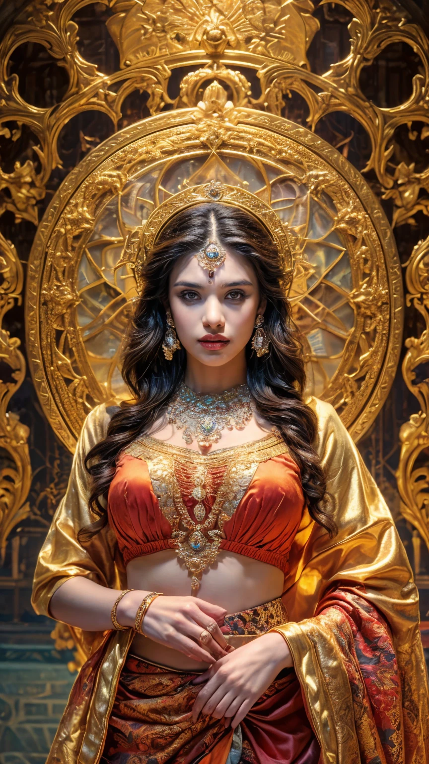 ((Best quality, 8k, Masterpiece :1.3)), Sharp focus :1.2, Generate a realistic image of a beautiful sexy Indian woman plus size body: 8.5 (masterpiece like a princess) (body like divine girl) dressed divine clothes carnation skirt and print v neck blouse plus size blouse except hands + wide belt, adorned with traditional ornaments, standing in a well-lit room with cinematic lighting. ((Front view, random elegant pose)), and there is a sense of grace and elegance in her posture. The background should complement the scene, enhancing the overall aesthetic appeal of the image. Photography by Brandon Woelfel, Full shot: Canon EF 16-35mm f/2.8L III USM lens on a Canon EOS 9D Mark IV camera 128bit, ultra realistic, 32k, HD