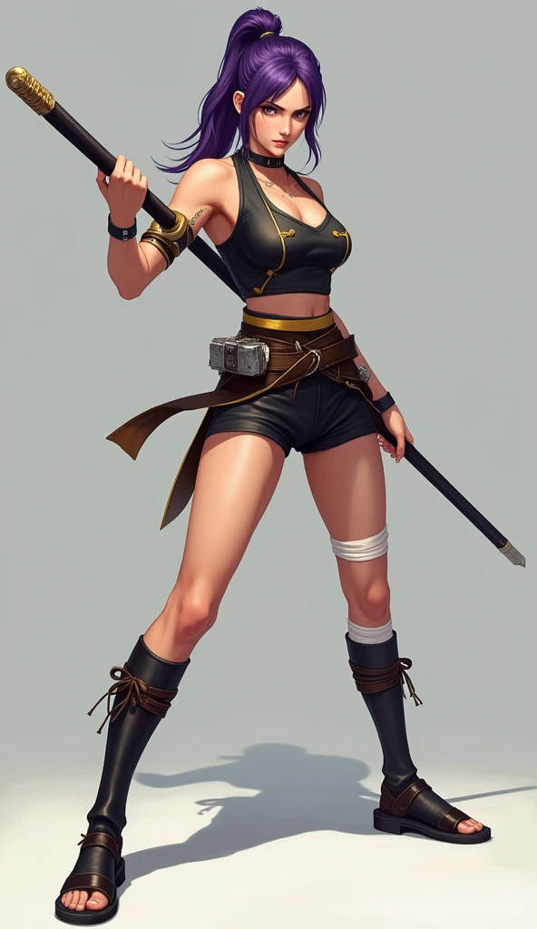 Super realistic, High Detail Face, Clean and delicate face, wide shot, 1 lady, whole body, Asymmetric, Fighting posture, Holding Long stick with both hands Anatomically correctly, Purple ponytail, parted bangs, Tattoo on arm, wearing a Black and gold mini Hanfu, sleeveless, Thighs, Leather bandages wrapped around the shins, Black Sandals, glaring at the viewer, simple color background