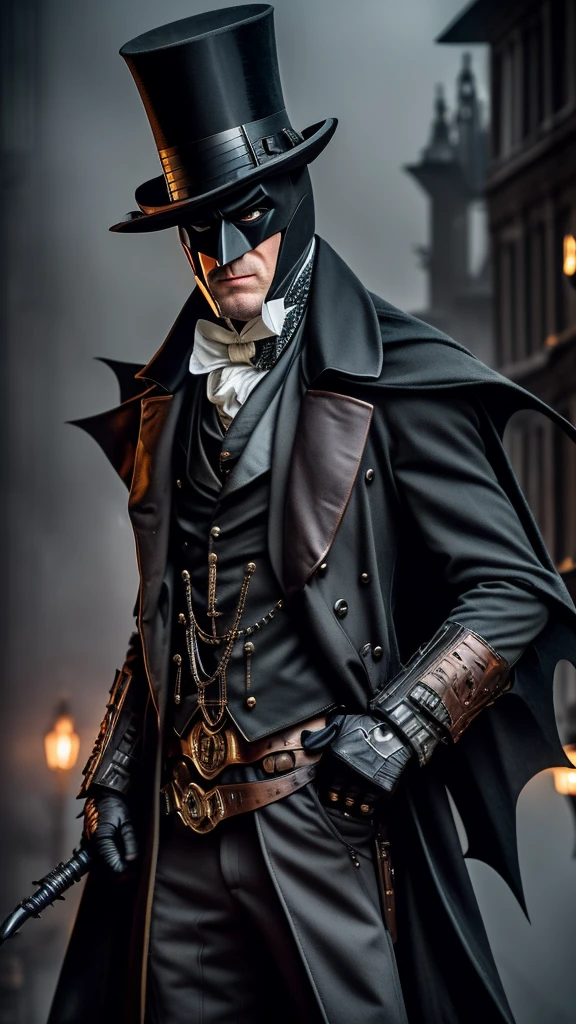 Batman in Victorian Costume, with dark, long coat, leather gloves and a tall top hat stylized as a bat mask. His style is reminiscent of a detective from the Sherlock Holmes era.. He uses steampunk style gadgets – copper details, smoking mechanisms. In the background you can see the Victorian tenement houses of London in thick fog.