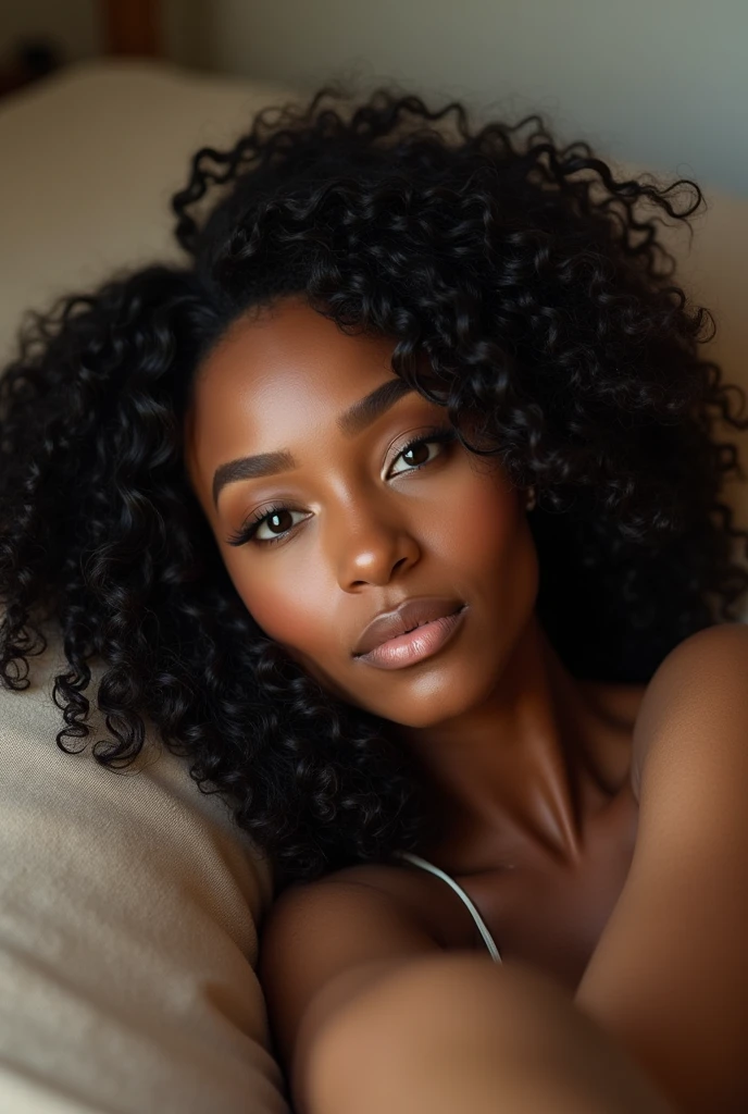  there is a black woman , the woman has curly black curly, she has brown skin, with dark brownish skin, with long curly, long black wet  bouncy curls  she is taking a long shot selfie cuddled u on her sofa 