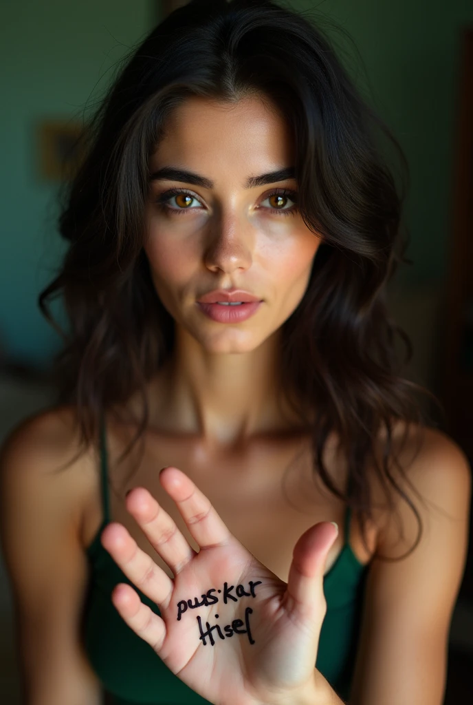 Selfie of an Iranian girl with black eyes and eyebrows, tanned skin, black hair, green crop and a sexy body written on her palm by puskar himself.