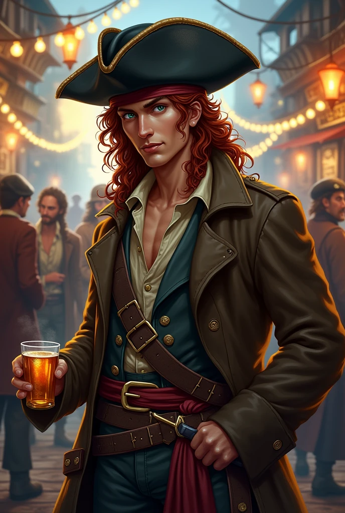 A young pirate, full body DnD style. A pirate, with long, curly dark red hair, and dark green eyes. He wears a brown pirate trench coat with a light unbuttoned shirt and a damaged vest., on his head an old damaged black leather hat. Around his waist he wears a sash with a belt and two pirate cutlasses on top.. He is having fun drinking with a cheerful look together with other young sailors in the pub while in the background there are various ships of a pirate port.