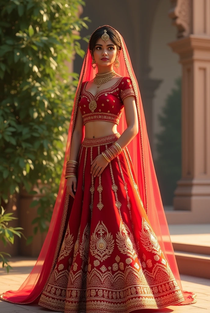 A girl wearing red wedding lehanga with matching jwellery. 