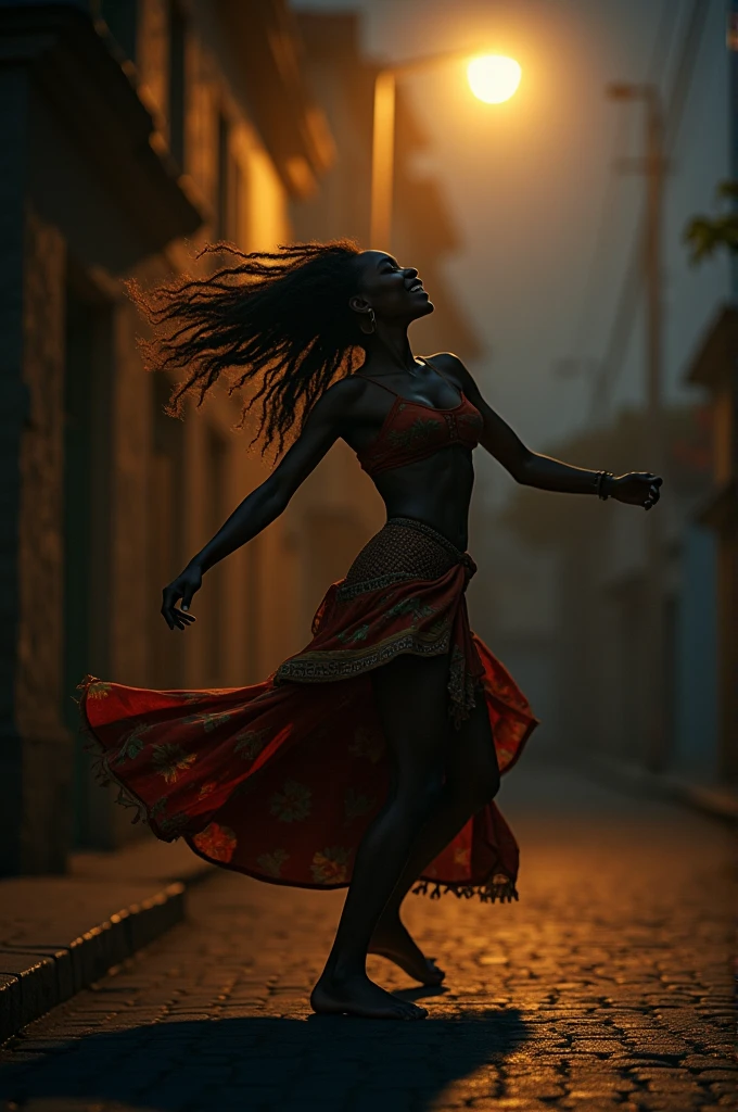 Black woman dancing frevo at night (extremely dark) only with the yellow light of a street lamp (low light in the sky and the waning moon) want to sail from the side (I want a side view of her). Follow all descriptions to the letter