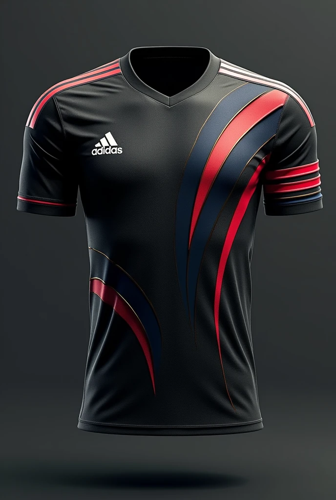 Create me a football uniform with a retro design, Elegant and luxurious in light black with a black texture design that gives it a retro style and that on the right shoulder it has three red lines and on the left side blue lines that join at the neck with an elegant but simple design and that on the sides it has lines with a retro design and the color is the ones used before in the same order and add some gold and white touches