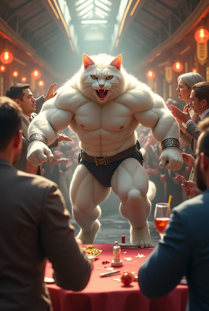 The white muscular cat, with wearing its stylish look and immense strength, defeats the goons effortlessly. The goons try to flee, but the cat quickly catches them and snatches away their guns. The restaurant erupts in applause, echoing with cheers for the cat's bravery.