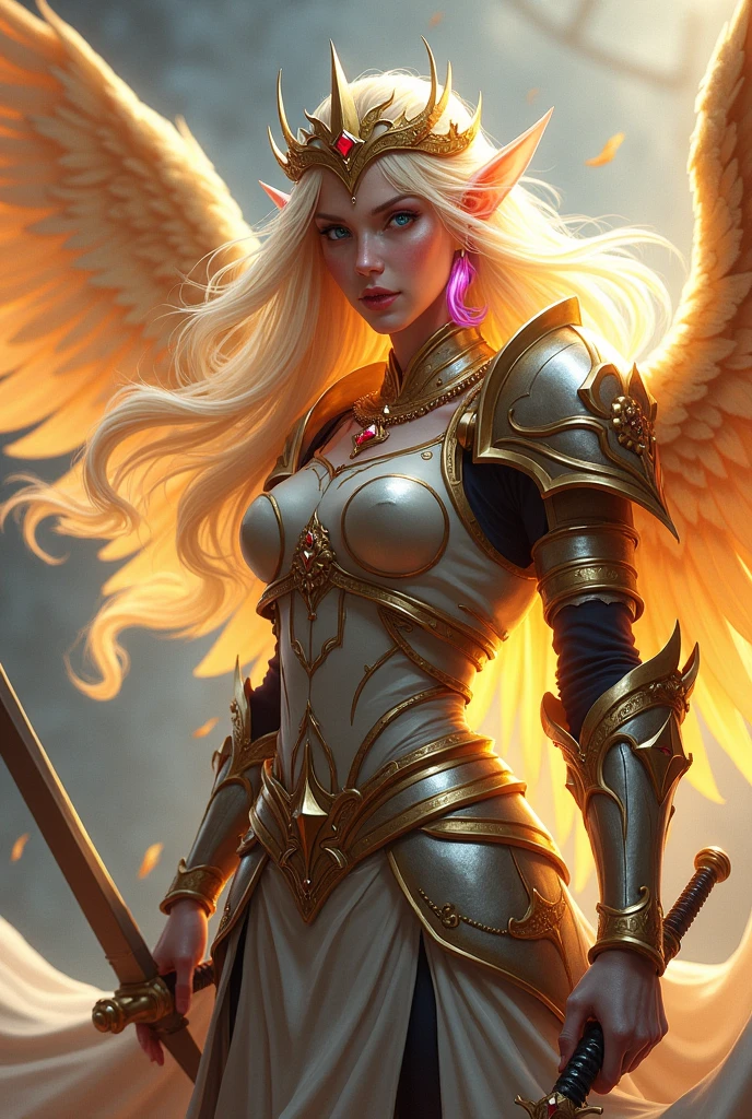 Female elf Paladin aasimar blond hair with pink highlights blue eyes with wings and golden crown wearing armor and sword