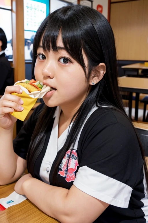 Japanese high school girl、、Black Hair、Chubbyお腹、Chubby、Eating fast food、