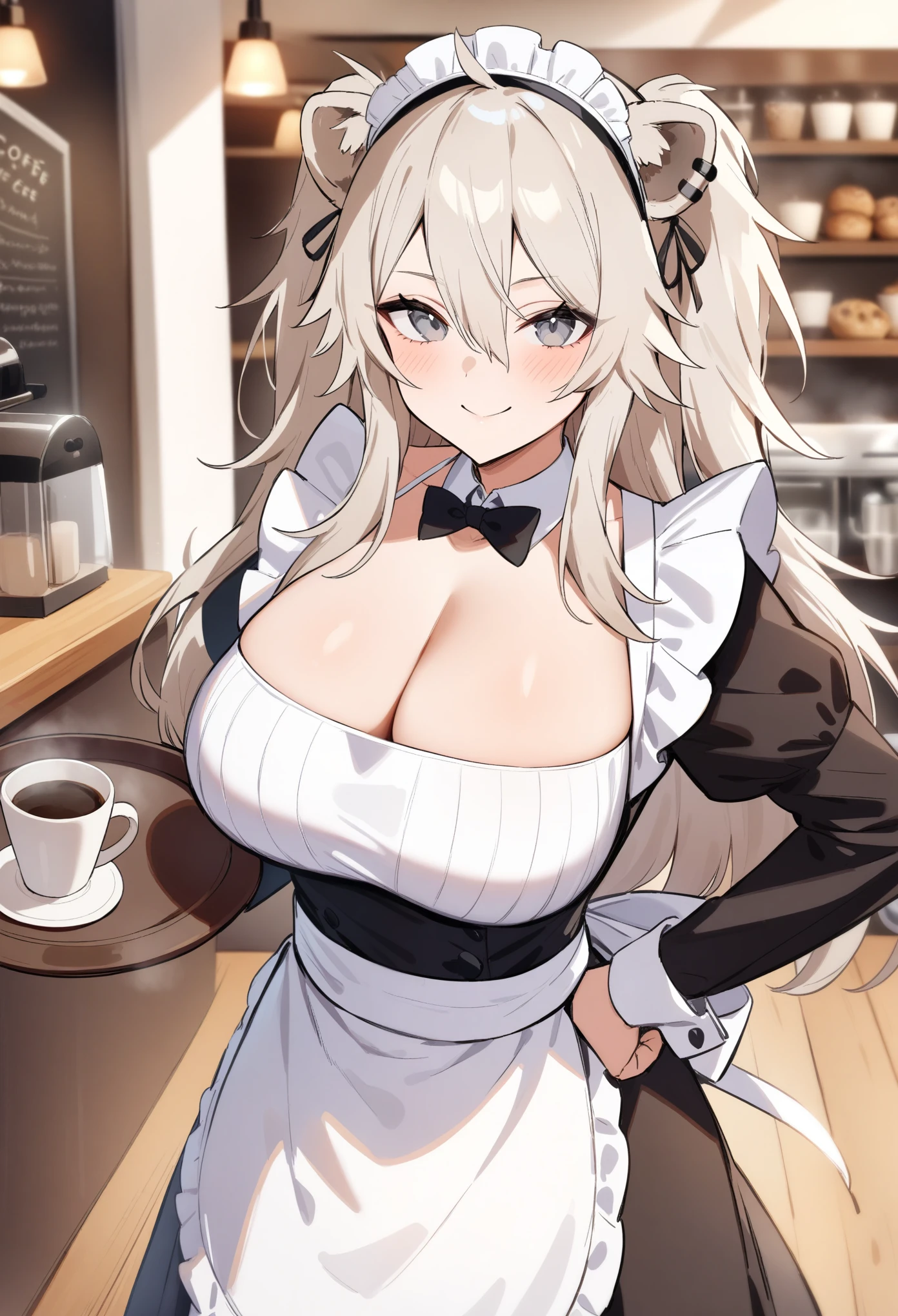 masterpiece, best quality, very aesthetic, absurdres, 1girl, shishiro botan, hololive, looking at viewer, upper body, two side up, messy hair, eyebrows, grey eyes, lion ears, large breasts, alternate costume, maid, headdress, apron, detached collar, Standing with hands on hips while holding a tray, smile, cafe