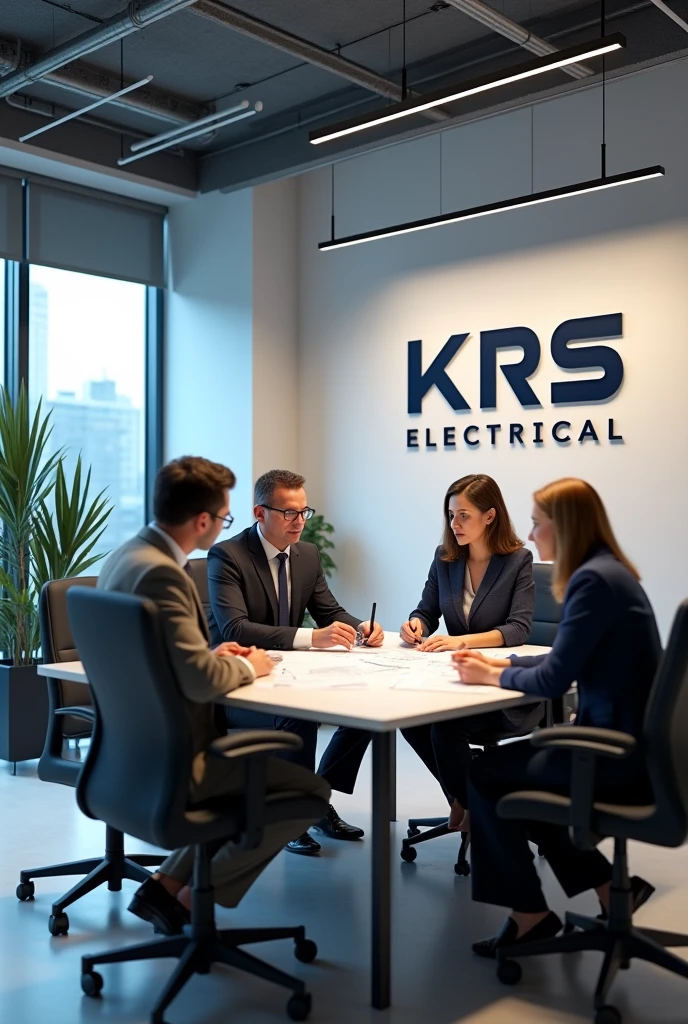 Decent office interior design with the logo of KRS Electrical On the wall with discussing boss & employees on the office tables with some electrical plans