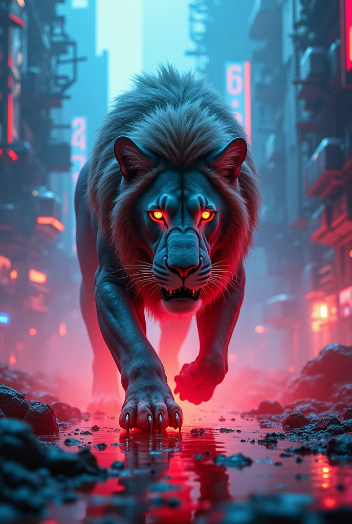 A wild cyborg lion in city blue red light with fire
