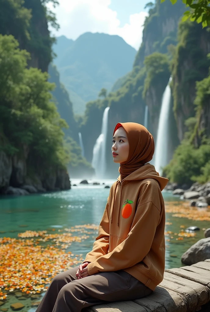 Beautiful Korean girl, smooth white skin, well-groomed face, brown hijab combined with orange, brown hoodie combined with orange with mangosteen fruit motif, brown cargo pants, sitting on a wooden bridge, there is a river covered with small flowers of various colors, there are small stones, the water is very clear, the views are exotic, the background is mountains, there are waterfalls, the cliffs are overgrown 
Green moss and shady trees look authentic, real and realistic in photos