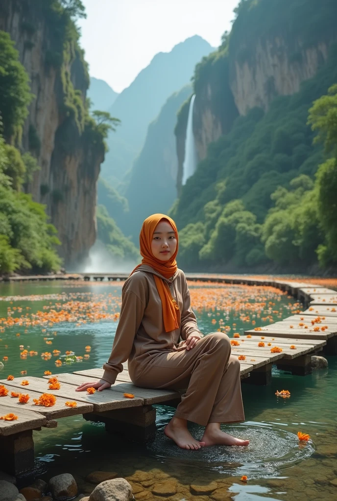 Beautiful Korean girl, smooth white skin, well-groomed face, brown hijab combined with orange, brown hoodie combined with orange with mangosteen fruit motif, brown cargo pants, sitting on a wooden bridge, there is a river covered with small flowers of various colors, there are small stones, the water is very clear, the views are exotic, the background is mountains, there are waterfalls, the cliffs are overgrown 
Green moss and shady trees look authentic, real and realistic in photos
