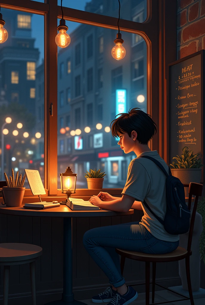 Night Cafe、Beauty、Looking outside、casual、university student with book 