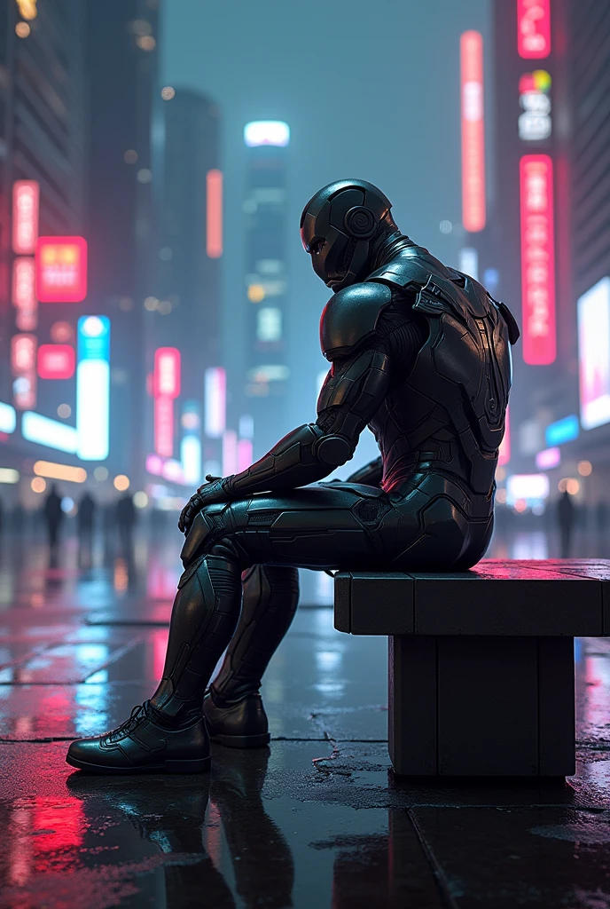 Iron man in cyberpunk scenery with neon lights peal and orange sitting on the bench,Thinking about Future