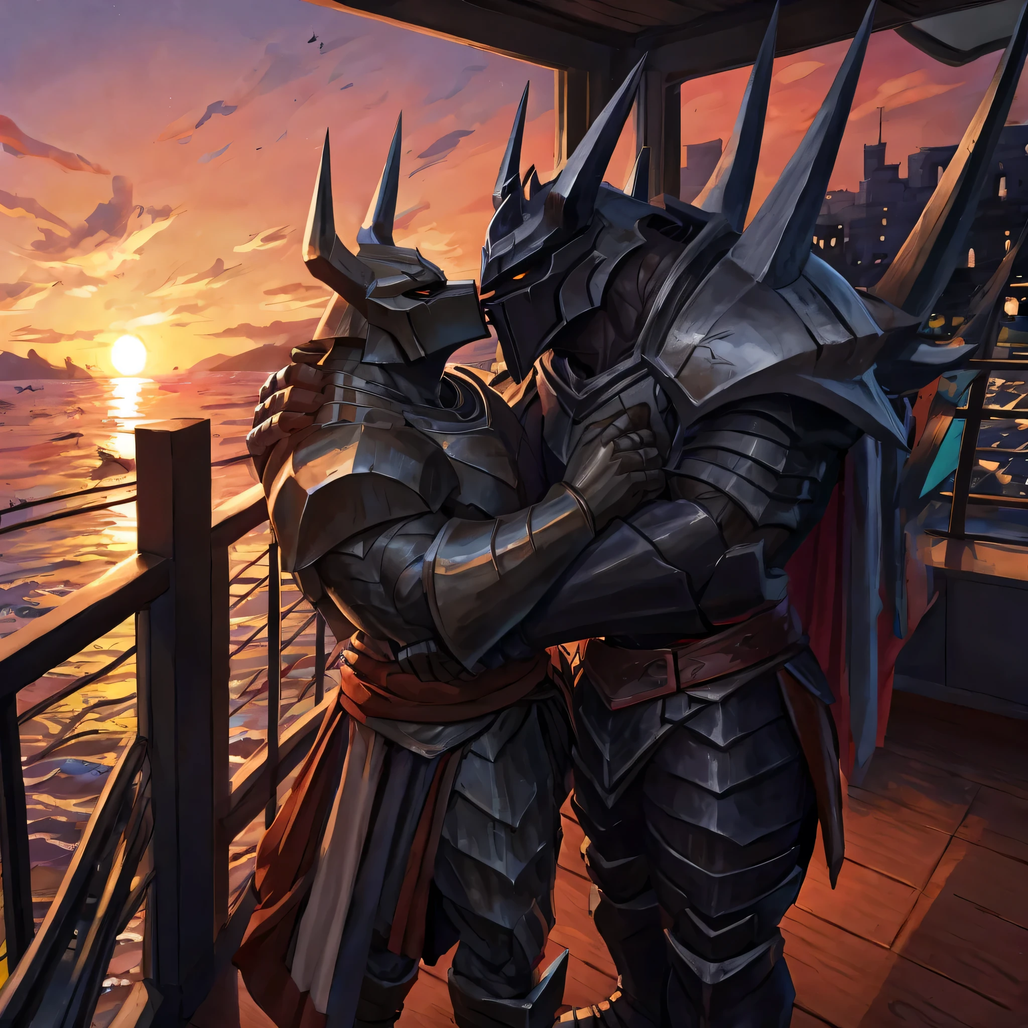 Muscular Knight, Mordekaiser, kissing with a guy on the ferry ship, sunset, couple