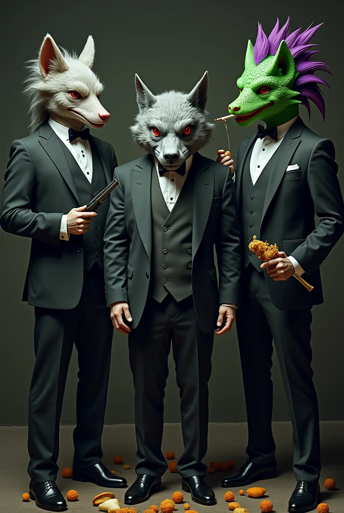 3 men in suits with super realistic masks , One is a dexterous dragon with green hair and purple tips..... , in his hand a marijuana cigarette,with red eyes and a marma in the other golden hand, a gray wolf with bars stopped ,In the middle and with one in hand ,  an alien on the left in grey, The three of them standing in elegant black suits, Black background        ,    that the food looks bigger and the 3 with weapons looking forward that the dragon is on the right and the 3 celebrating the dragon on the right, On the left the alien and in the middle the wolf. , The 3 with weapons change position, the green one on the right wing 