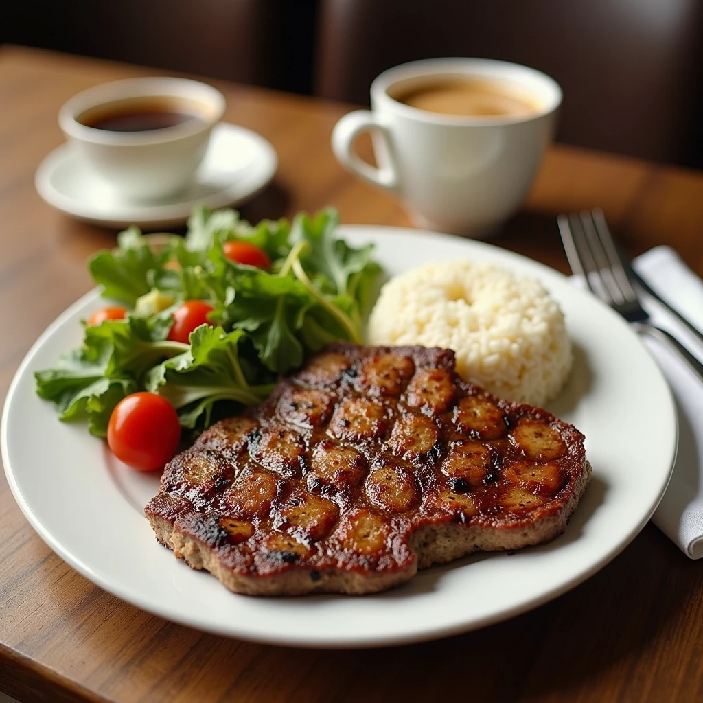 hamburger steak, rice, salad, coffee,