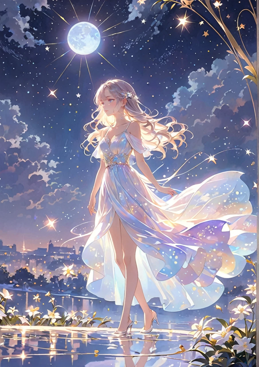 A girl standing alone under the starry night sky, with her silhouette illuminated by the soft moonlight and twinkling stars. Her face is beautifully detailed, with mesmerizing eyes that seem to reflect the universe itself, long and fluttering eyelashes, and exquisitely defined lips. She is dressed in an elegant gown, flowing and ethereal, embracing her figure gracefully as it glimmers with a subtle celestial glow. The intricate details of her dress catch the faint starlight, creating a mesmerizing sparkle. The surrounding landscape showcases a serene garden, lush with vibrant foliage and colorful flowers. The air is filled with a gentle breeze, causing the leaves to rustle and the flowers to sway delicately. The garden is bathed in a warm, dreamy color palette, with hues of deep blues, purples, and hints of silver. The atmosphere is calm and tranquil, evoking a sense of peace and serenity. The artwork is of the highest quality, meticulously created with ultra-detailed brushstrokes and precise attention to every element. The texture and depth of the painting are breathtaking, with a sense of realism and photorealism that captures the awe-inspiring beauty of the night sky. The lighting is soft and diffused, casting a gentle glow over the entire scene, enhancing the magical ambiance. The girl's presence radiates a sense of mystery and wonder, as if she holds a secret connected to the celestial beings above. The overall composition evokes a feeling of timelessness and captures the essence of a StarSign, an artwork that embodies the celestial beauty and inner strength of a girl in harmony with the stars.