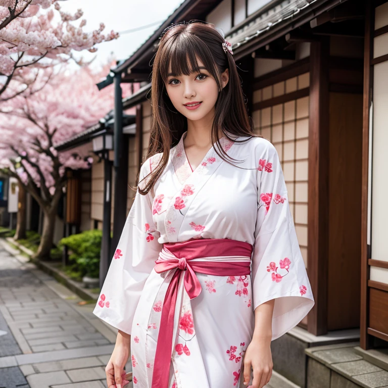 laughing out loud,Wear a white lace yukata with many cherry blossom patterns printed on it, Long yukata, (knee shot), 1 person, On the face, light brown hair, blunt bangs, hair behind ears, Hair over the shoulders, long hair, Slender body type, Super thin face, face slimming, delicate lips, beautiful eyes, Thin blush, Eyes are light brown,Check it out here, (realistic:1.3), Standing next to a street in Kyoto, Japan, 8k, , Super detailed, high quality, best quality, High resolution, ,Large Breasts,H CUP, 2