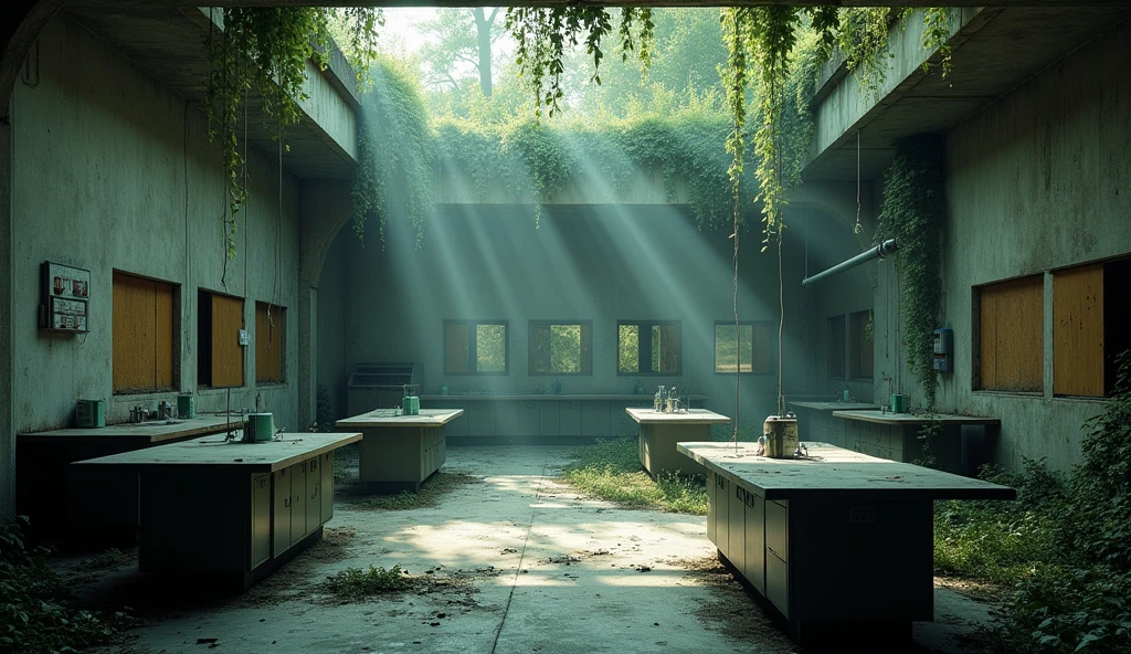 Create an abandoned modernist hospital laboratory