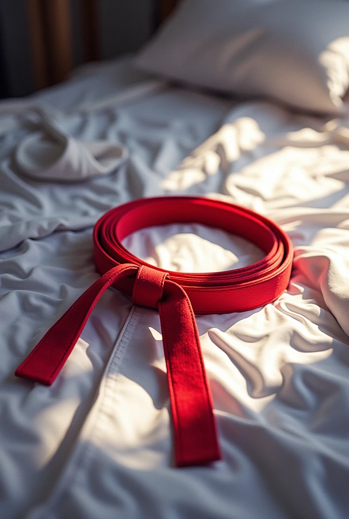 Red taekwondo belt on top of a messy bed next to a white kimono