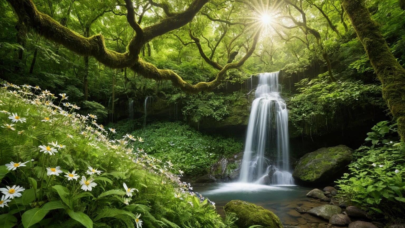 A tranquil, high-resolution image capturing the serene experience of being deep in a lush green forest. Towering emerald trees stretch towards the sky, their dense foliage creating a natural canopy. Sunlight filters through the leaves, casting dappled patterns on the forest floor. Through the gaps in the trees, a clear blue sky with fluffy white clouds is visible. In the distance, two cascading waterfalls—one large and one smaller—pour down gracefully, their white streams blending with the green surroundings. A crystal-clear stream flows gently from the base of the waterfalls, winding through a vibrant carpet of lush grass dotted with colorful wildflowers. A playful squirrel leaps across the scene while birds flutter gracefully among the trees, adding life and movement to this peaceful, nature-filled setting.