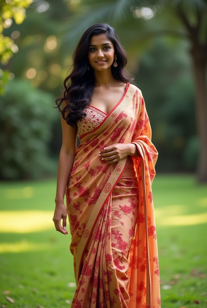 Indian Wife with a huge round and long cleavage line visible in a folded saree, floral saree, HDR, 8k, hyperdetailed, best quality, ultra-high resolution, HDR, curved body, 8k, walking on the lawn , look at viewer, having perfect breasts, ( perfect anatomy), wavy hair, bright smile