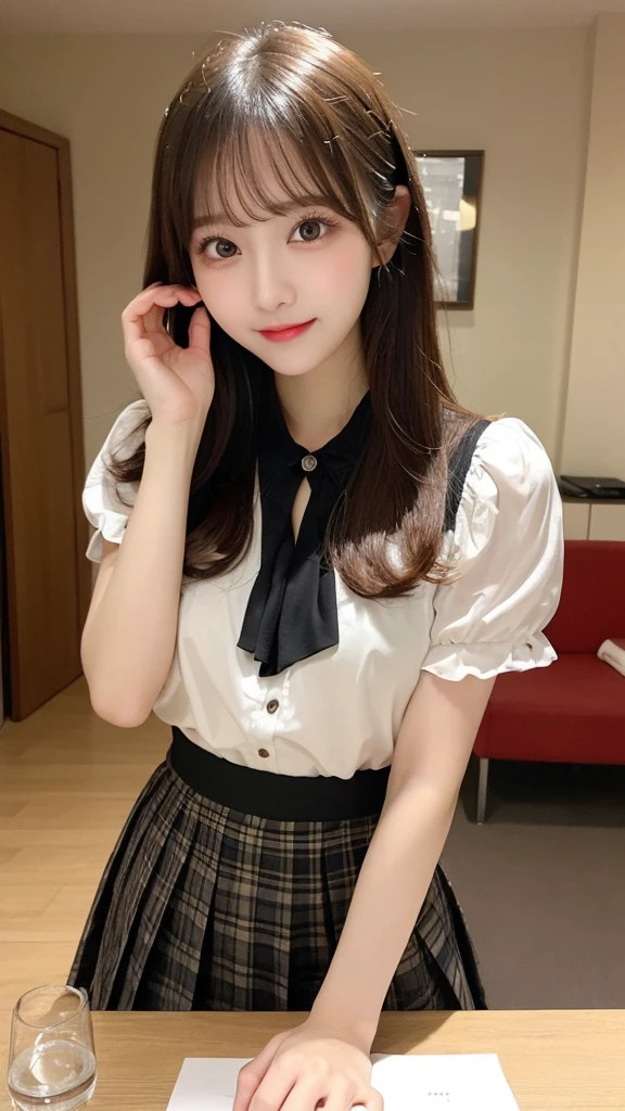 table top, highest quality, shape, Super detailed, finely, High resolution, 8k wallpaper, Perfect dynamic composition, beautiful and detailed eyes, small breasts, Natural color lip, Random sexy pose,smile,20 year old girl、Beautiful and dense face、perfect and beautiful face,Big eyes、real photos(best image quality),cute face、cute、blouse(black)、pleated skirt、Blurred tower apartment living room background、sexy pose
