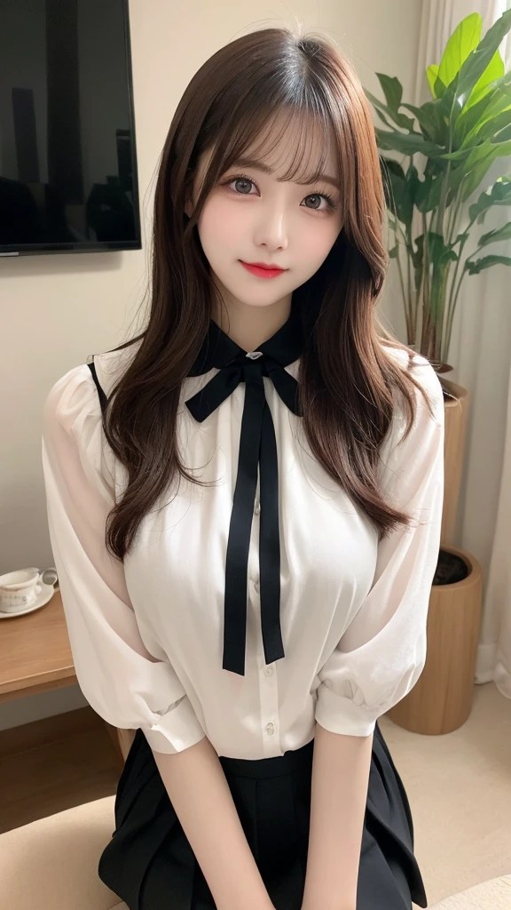 table top, highest quality, shape, Super detailed, finely, High resolution, 8k wallpaper, Perfect dynamic composition, beautiful and detailed eyes, small breasts, Natural color lip, Random sexy pose,smile,20 year old girl、Beautiful and dense face、perfect and beautiful face,Big eyes、real photos（best image quality）,cute face、cute、blouse(black)、pleated skirt、Blurred tower apartment living room background、sexy pose