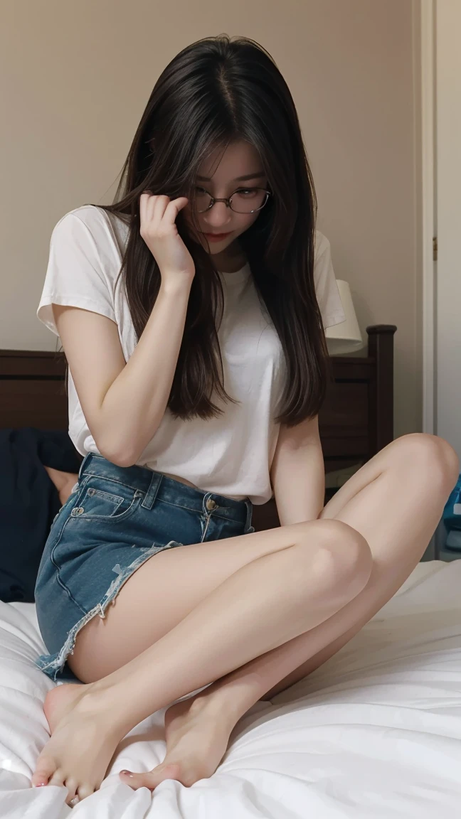   long-haired nerd girl, , wearing short clothes Tiny , small cup , Crying lying in bed, Barefoot painted nails,