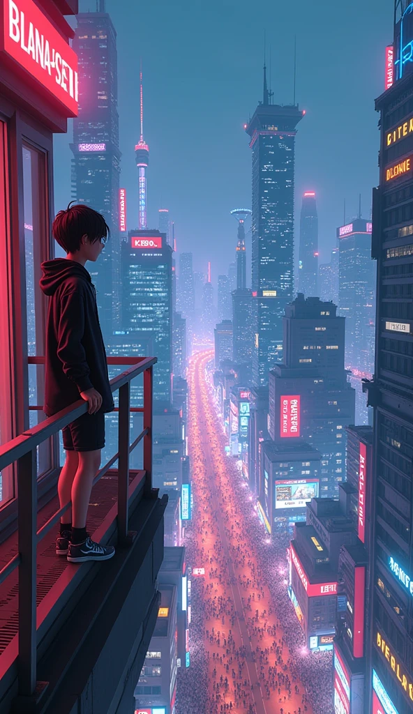 A anime teenage boy looking at the city from a balcony of a tallest among all the skyscrapers overlooking cyberpunk city(wide angle view) street scene with full of neon lights, and futuristic buildings, featuring a futuristic neon streetlight city . The atmosphere is vibrant and bustling with people in high-tech attire, high resolution, captured in crisp detail, The background features a neon-lit cityscape, giving the cyberpunk atmosphere a touch of intimacy and tenderness, eye-level camera angle --s 500 --v 6.0 --no 3D effect, photorealistic.