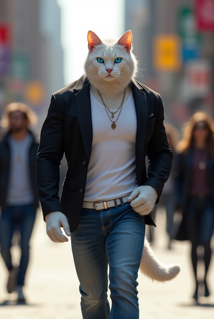 A handsome, white-furred muscular cat with striking blue eyes is dressed in a stylish black shiny jacket, white t-shirt, and blue jeans. The cat's strength and swagger are evident in its walk. As it strolls through the city streets, people are left in awe, staring at it in amazement.