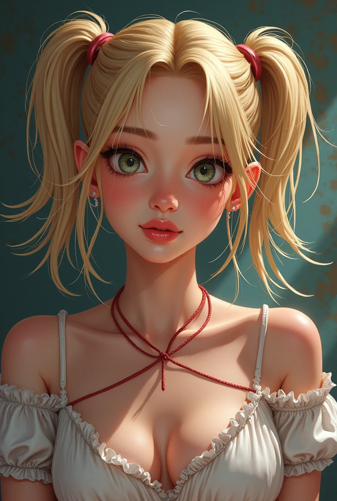 detailed portrait of a maternal, sexy, coquettish white skinned female character with blonde hair in pigtails, VHS video game pixelart style, highly detailed