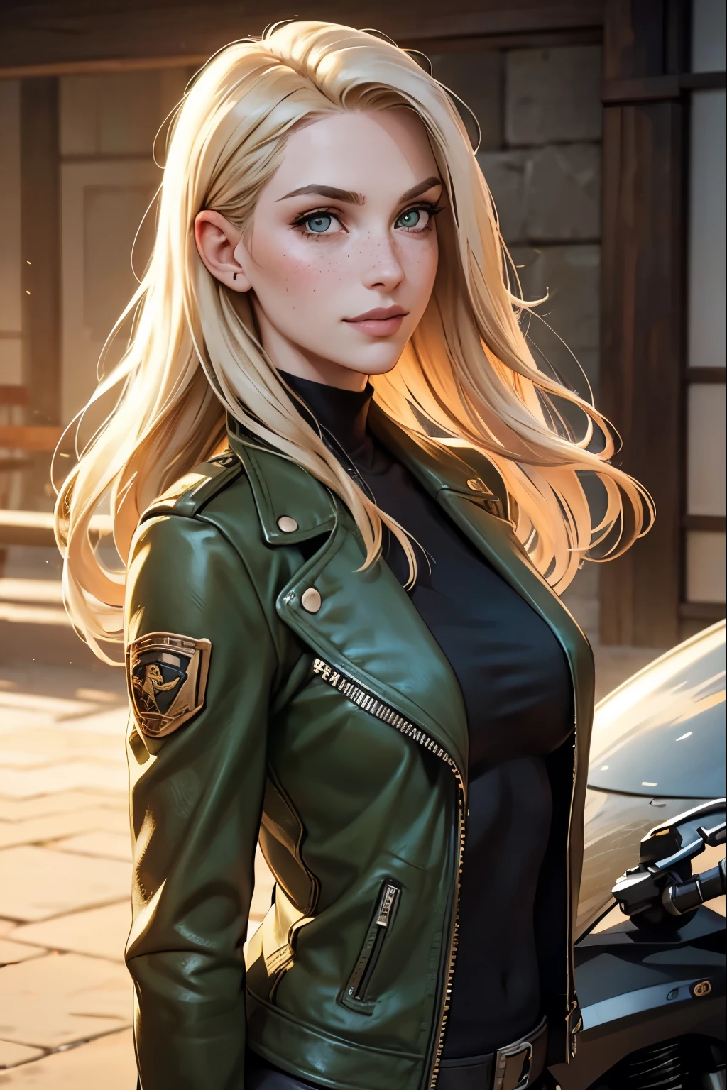 Blonde girl with green eyes, 1.67m, biker styleWoman, americana, age 25, pale skin and freckles, gray eyes, delicate nose, soft and delicate lips, far away, cabelo blondie far away e ondulado na altura da cintura, sweet smile, face with delicate feminine facial features, highly rendered, corpo todo, cintos e pulseiras douradas