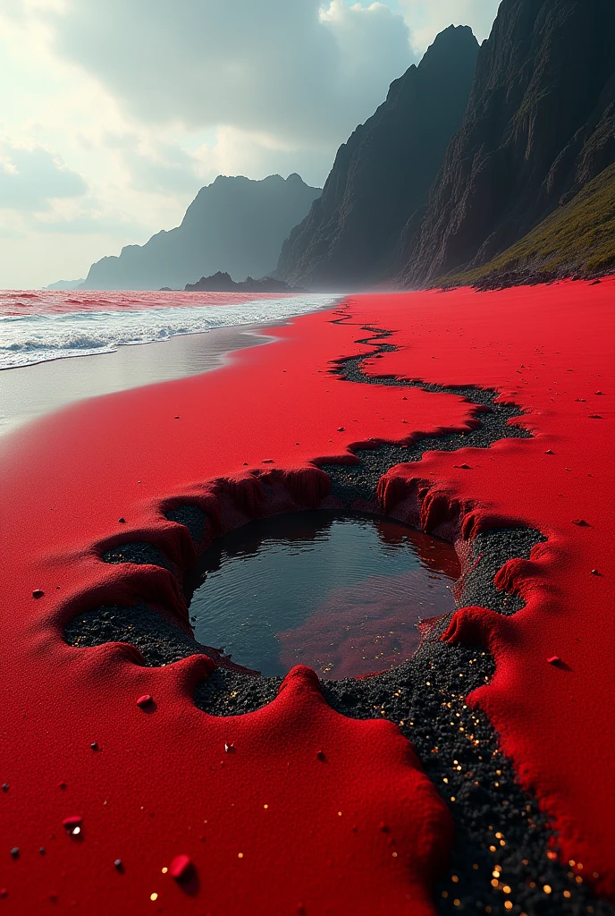 Beach with red sand/black and gold sparkles, The sea water is red as if it were blood, there are some black mountains in the background on the right, The sand is on the right side and the sea is on the left, In the sand there is a small hole with crystal clear water