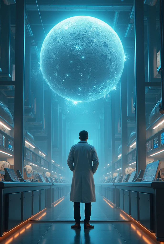 A scientist from behind in a large experiment laboratory looking at a glass window where a cracked grey round ball is floating and emanating blue energies  