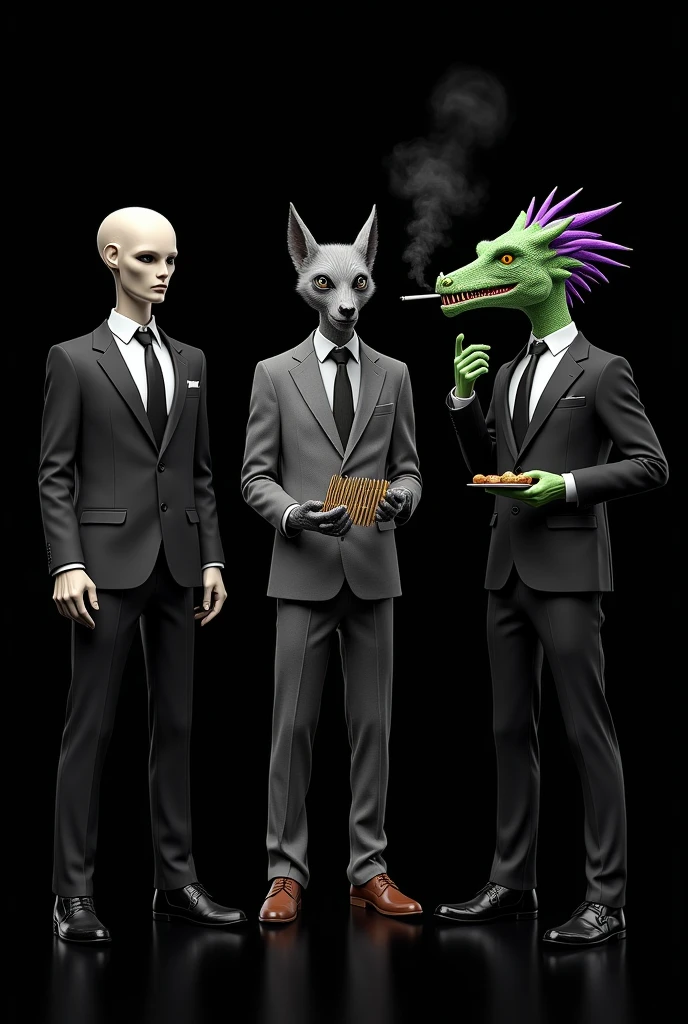 3 men in suits with super realistic masks , One is a dexterous dragon with green hair and purple tips.... , in his hand a marijuana cigarette,with red eyes and a marma in the other golden hand, A gray wolf with bars detained ,In the middle and with one in hand , an alien on the left in grey, The three of them standing in elegant black suits, Black background , that the food seems bigger and the 3 with weapons looking forward that the dragon is on the right and the 3 celebrating the dragon on the right, on the left the alien and in the middle the wolf , The 3 with weapons, the one in the middle is on the right