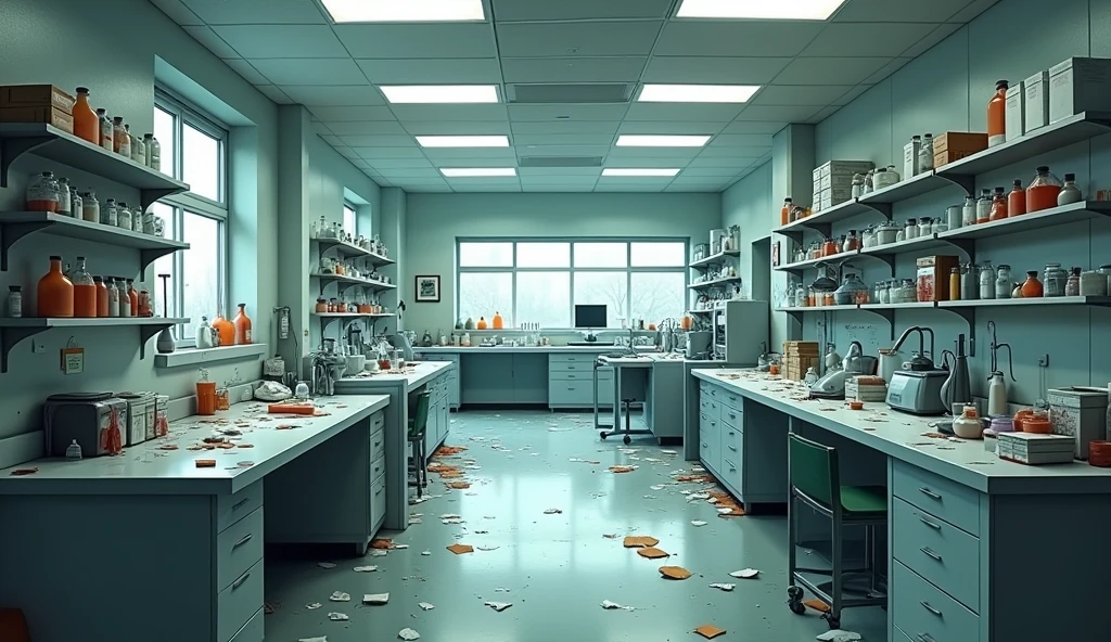 Create a messy, peopleless modernist hospital lab