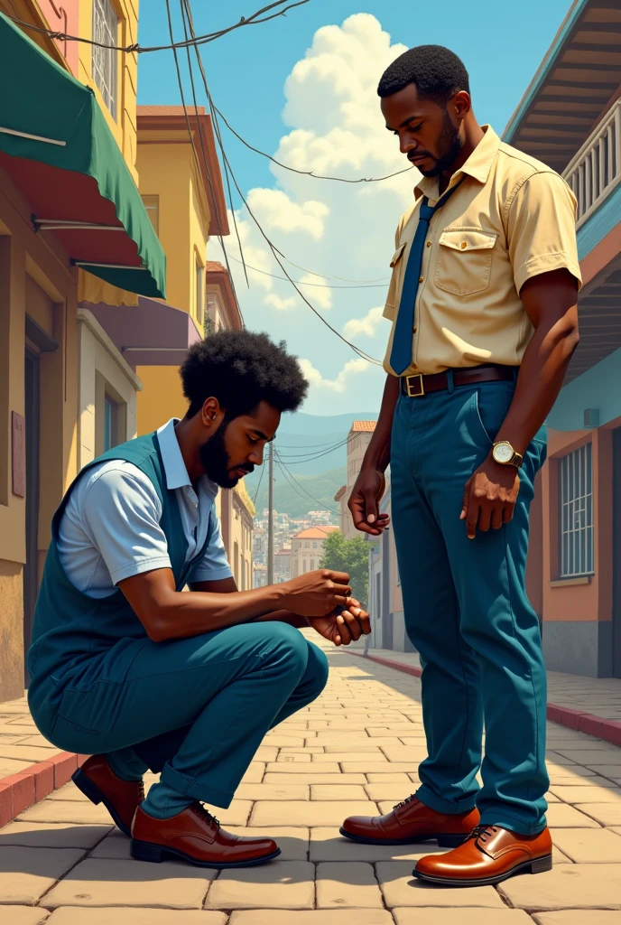 A Haitian shoe shiner is shining Jeanjean's shoes, afro haïtienne, well dressed for work. Cadre typiquement haïtienne., colored. Il ya des passants