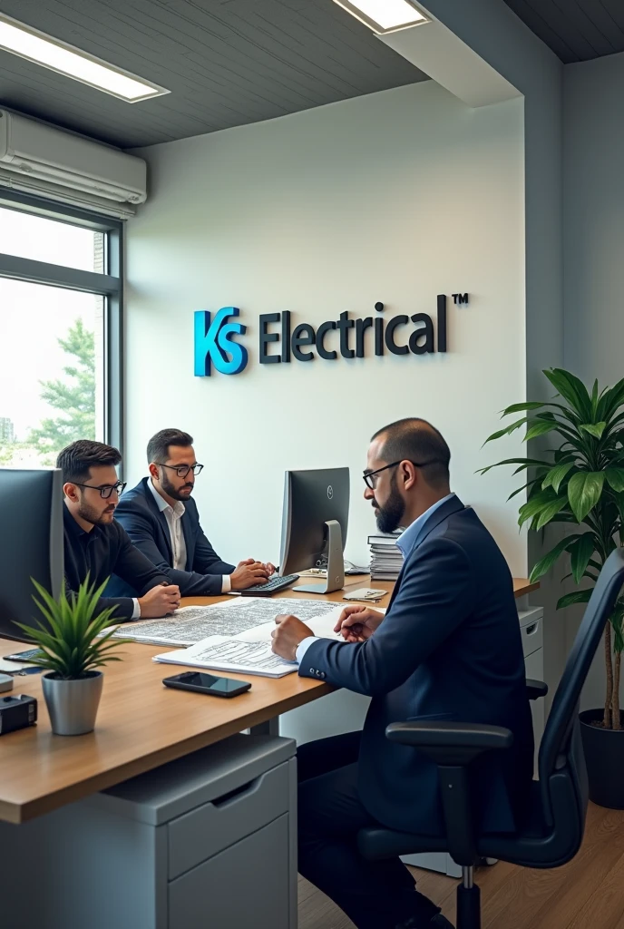 Decent office interior design with the logo of KRS Electrical On the wall with discussing muslim boss & gents employees on the office tables with some electrical plans