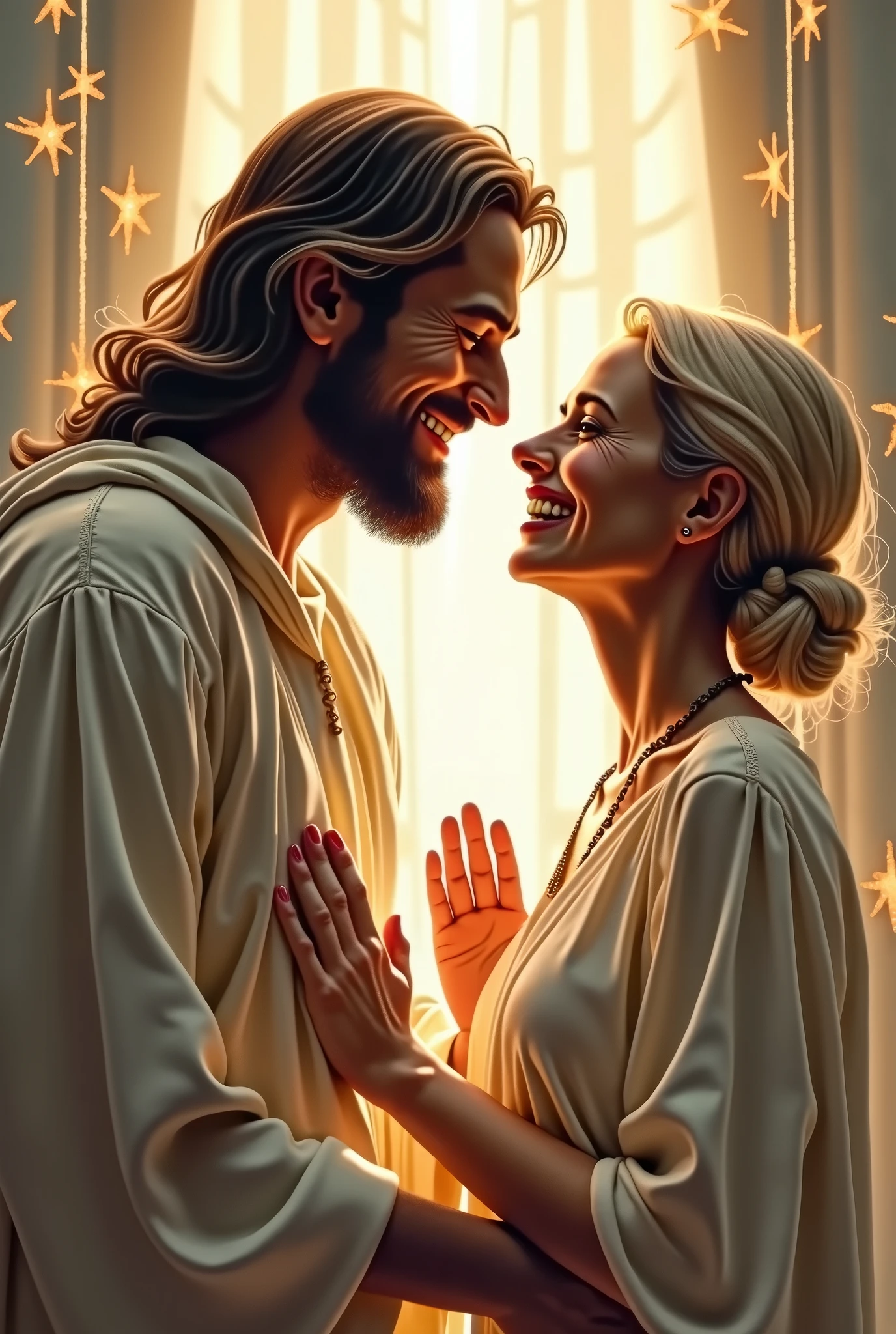 A husband and his wife are in love and are happy watching Jesus. Jesus also smile 