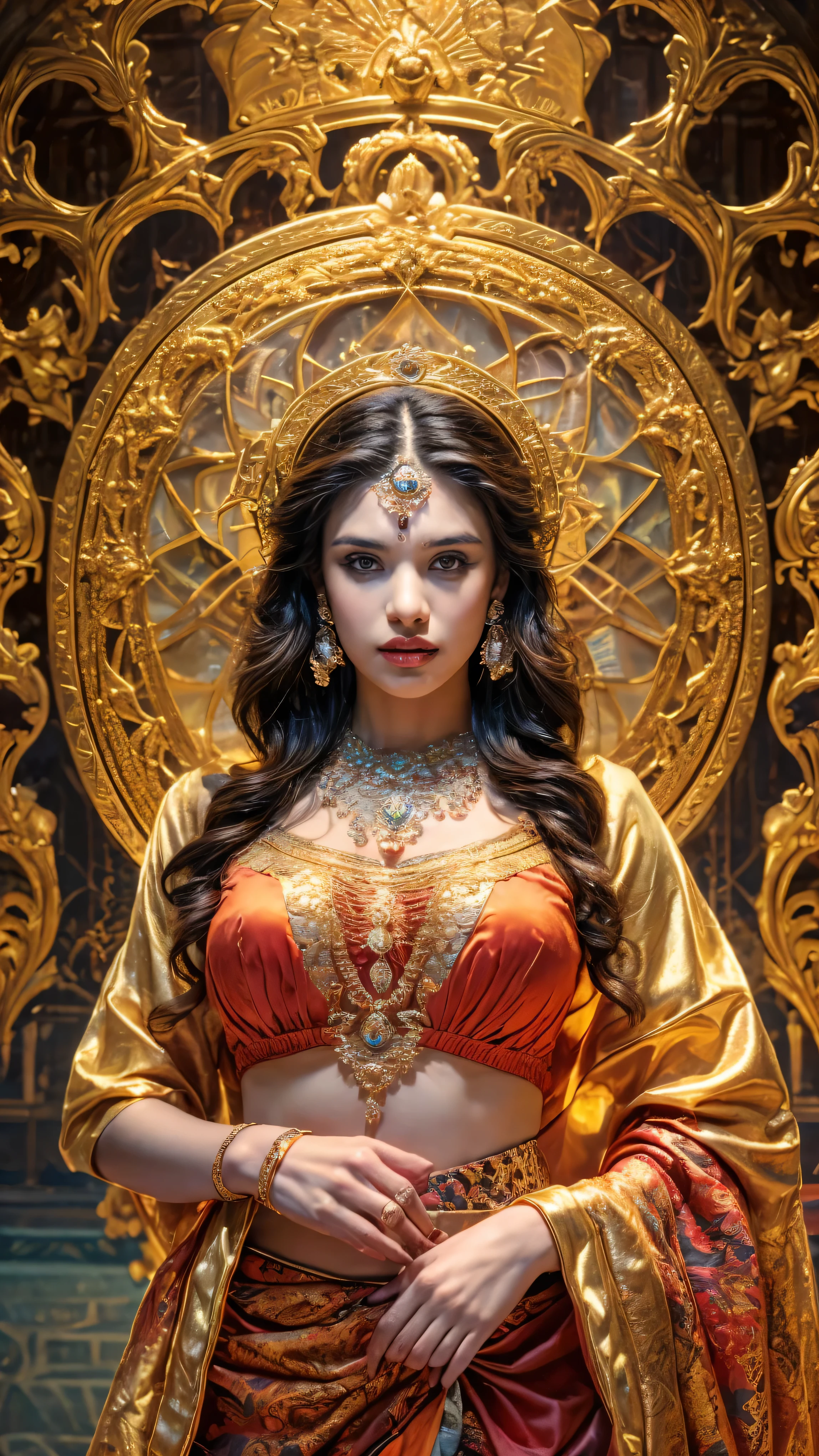 ((Best quality, 8k, Masterpiece :1.3)), Sharp focus :1.2, Generate a realistic image of a beautiful sexy Indian woman plus size body: 8.5 (masterpiece like a princess) (body like divine girl) dressed divine clothes carnation skirt and print v neck blouse plus size blouse except hands + wide belt, adorned with traditional ornaments, standing in a well-lit room with cinematic lighting. ((Front view, random elegant pose)), and there is a sense of grace and elegance in her posture. The background should complement the scene, enhancing the overall aesthetic appeal of the image. Photography by Brandon Woelfel, Full shot: Canon EF 16-35mm f/2.8L III USM lens on a Canon EOS 9D Mark IV camera 128bit, ultra realistic, 32k, HD