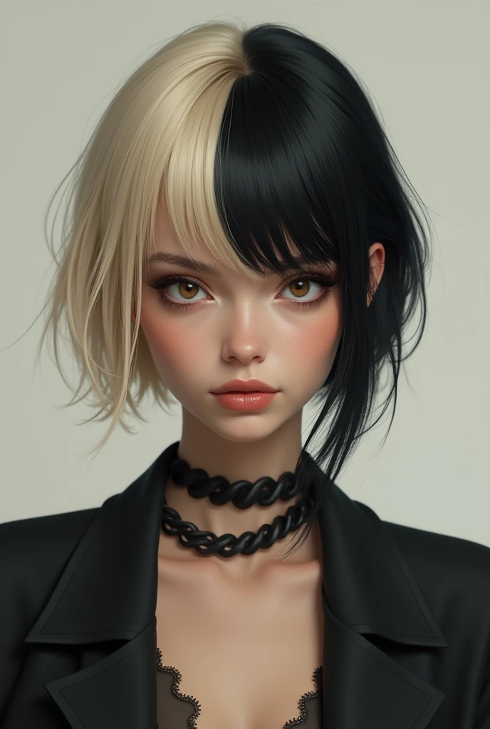 1 girl, half blonde with long hair and half black hair with very short hair with brown eyes, full body