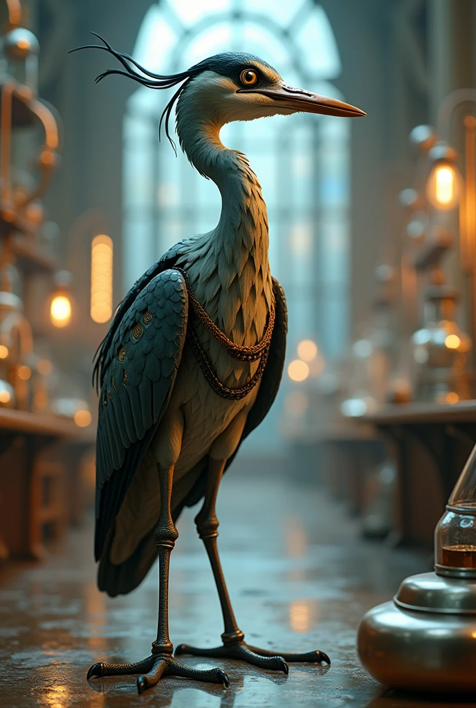 (Animated Heron of Alexandria in a mirrored laboratory)