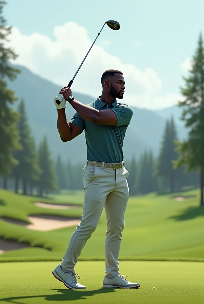 Black man with short black hair wearing golf clothes and a golf club in his hand