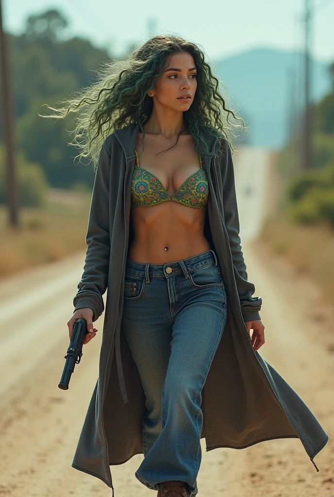 (masterpiece), (4k), (fujiflm), (16k), (CanonCamera) , Visually captivating artwork, with skillful use of color, composition, and light. Innovative artwork, showcasing unique and imaginative concepts, (Colourful Elements) , (C-Cup Breast Medusa Fully Naked) hyper-detailed photo realistic , (Long Bobhaircut) , detailed , (walking towards viewers) , (wearing long dark grey hoodie) , (holding a gun) , Emotionally resonant artwork, effectively conveying a narrative, Momentum-aligned artwork, ((distance Shot)) , (off road) , reflecting a sense of movement and progress. Skillfully crafted artwork, demonstrating meticulous detail and technique.