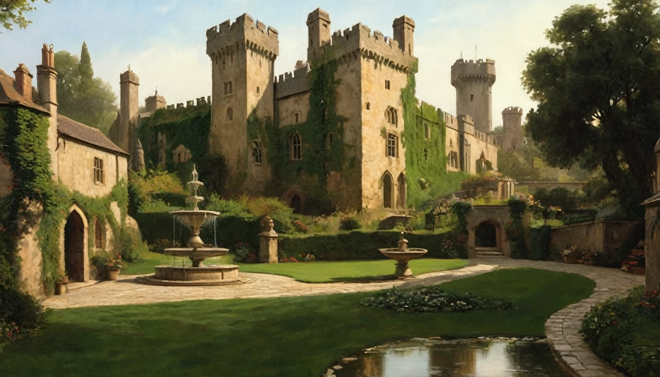 A view of a medieval castle depicted in the style of Edmund Blair Leighton. The image captures the romantic and serene atmosphere of a castle surrounded by lush greenery, with ivy-covered stone walls and tall, graceful towers reaching towards a soft, pastel-colored sky. The scene is bathed in warm, golden light, reflecting the idealized and nostalgic quality of Leighton's artwork. In the foreground, a peaceful garden or courtyard with cobblestone paths adds to the tranquil ambiance, inviting the viewer into a picturesque medieval setting., Surrealism, Hyperrealism, UHD, masterpiece, accurate, anatomically correct, award winning, 16k