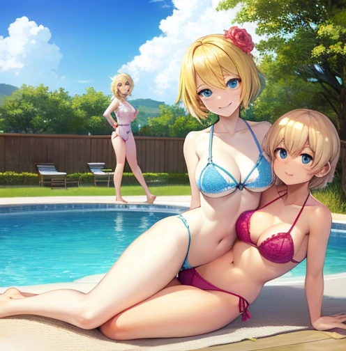 Two sexy girls in colorful crochet bikini in the bright pool and their short blonde hair and blue eyes edited doing sexy full body poses